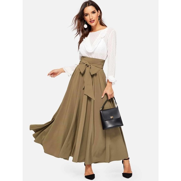 High Waist Zip Back Knotted Swing maxi Skirt black - Picture 10 of 11